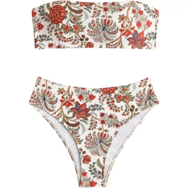 WDIRARA Women's 2 Piece Floral Print Bandeau Bikini Swimsuit Set Ruched Strapless Boho Swimwear Sets