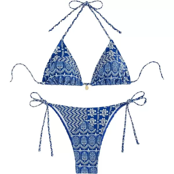 WDIRARA Women's 2 Piece Floral Print Swimsuits Geometric Halter String Triangle Bikini Set Beach Bathing Suit