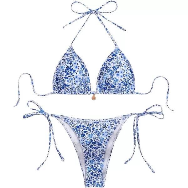 WDIRARA Women's 2 Piece Floral Print Swimsuits Geometric Halter String Triangle Bikini Set Beach Bathing Suit
