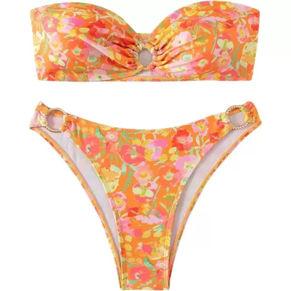 WDIRARA Women's 2 Piece Floral Print Swimsuits Ring Strapless Bandeau Bikini Set Cheeky Bathing Suit