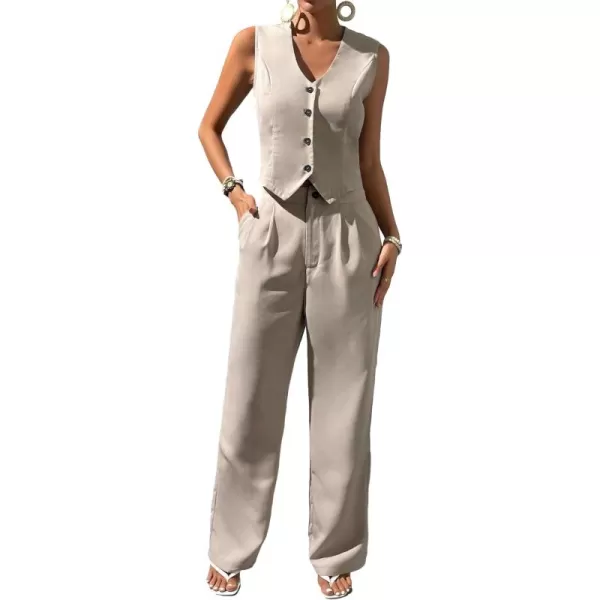 WDIRARA Women's 2 Piece Outfits Button Front Waistcoat Sleeveless V Neck Vest Jacket and Pants