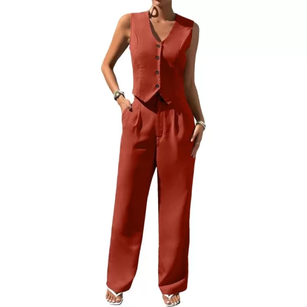 WDIRARA Women's 2 Piece Outfits Button Front Waistcoat Sleeveless V Neck Vest Jacket and Pants
