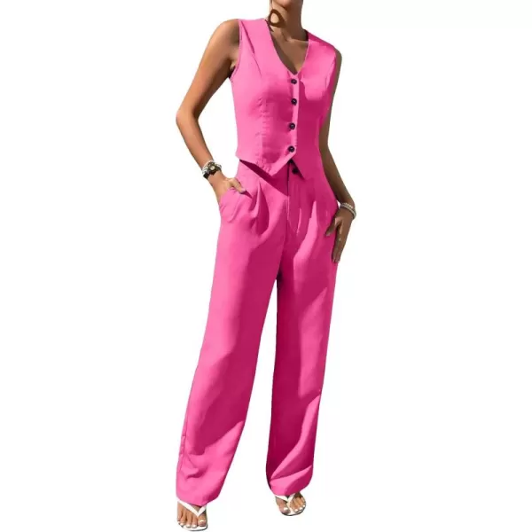 WDIRARA Women's 2 Piece Outfits Button Front Waistcoat Sleeveless V Neck Vest Jacket and Pants
