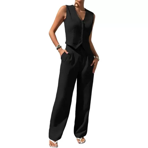WDIRARA Women's 2 Piece Outfits Button Front Waistcoat Sleeveless V Neck Vest Jacket and Pants