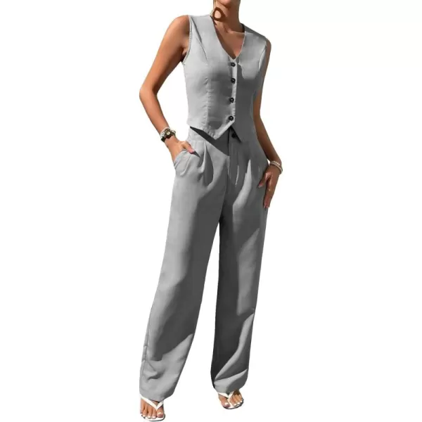 WDIRARA Women's 2 Piece Outfits Button Front Waistcoat Sleeveless V Neck Vest Jacket and Pants