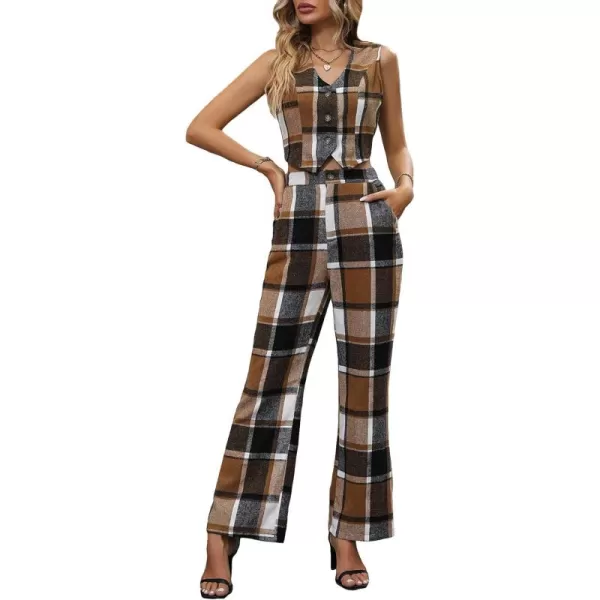 WDIRARA Women's 2 Piece Outfits Button Front Waistcoat Sleeveless V Neck Vest Jacket and Pants