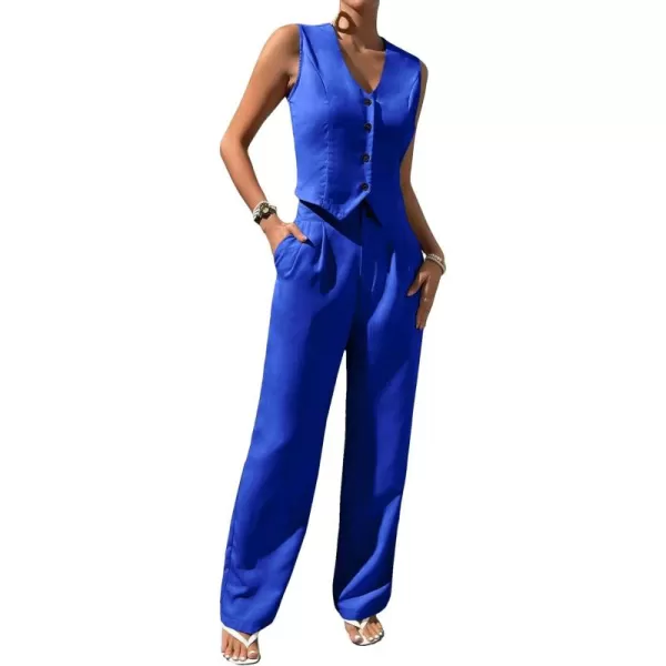 WDIRARA Women's 2 Piece Outfits Button Front Waistcoat Sleeveless V Neck Vest Jacket and Pants