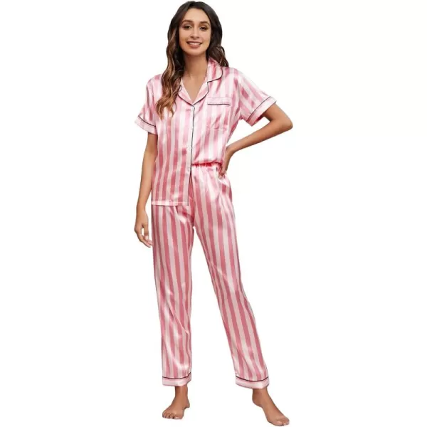 WDIRARA Women's 2 Piece Polka Dots Short Sleeve Button Down Pajamas with Pants Pj Set