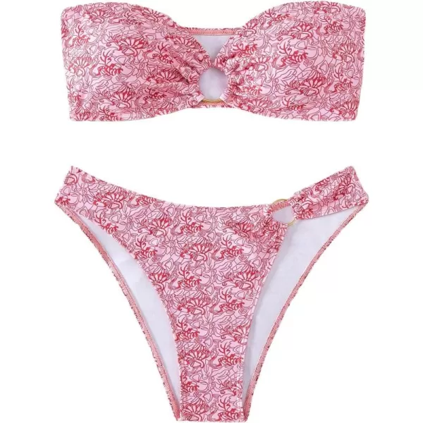 WDIRARA Women's 2 Piece Ribbed Swimsuits Ring Linked Strapless Bandeau Bikini Set Cheeky Bathing Suit