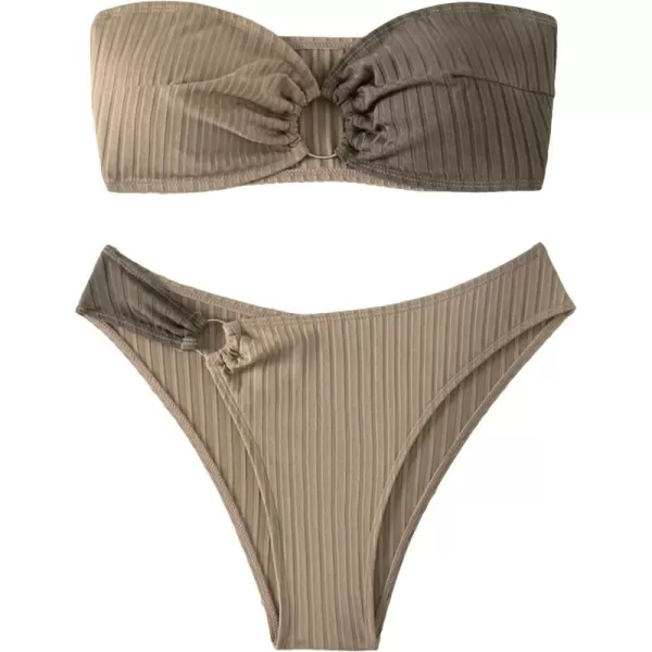 WDIRARA Women's 2 Piece Ribbed Swimsuits Ring Linked Strapless Bandeau Bikini Set Cheeky Bathing Suit