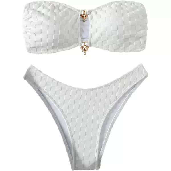 WDIRARA Women's 2 Piece Ribbed Swimsuits Ring Linked Strapless Bandeau Bikini Set Cheeky Bathing Suit