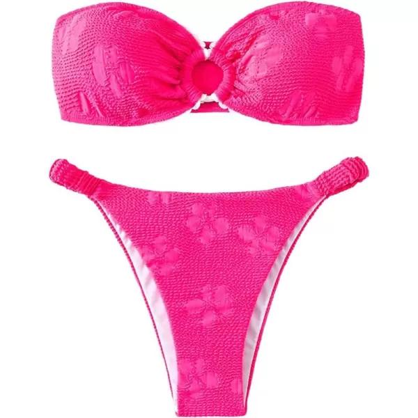 WDIRARA Women's 2 Piece Ribbed Swimsuits Ring Linked Strapless Bandeau Bikini Set Cheeky Bathing Suit