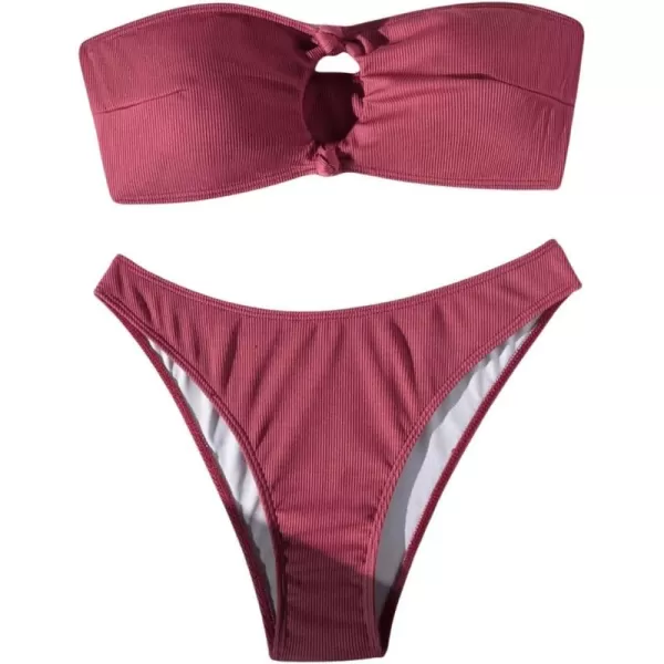 WDIRARA Women's 2 Piece Ribbed Swimsuits Ring Linked Strapless Bandeau Bikini Set Cheeky Bathing Suit