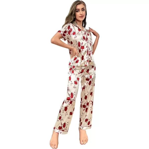 WDIRARA Women's 2 Piece Satin Pajamas Floral Silk Short Sleeve Button Down Shirt and Pants Pajama Pj Set
