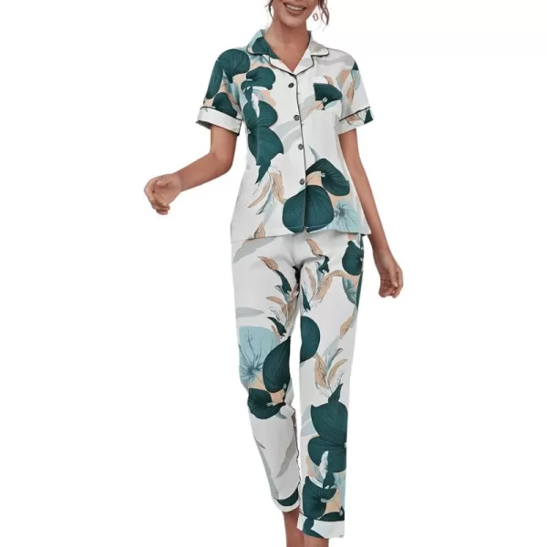 WDIRARA Women's 2 Piece Satin Pajamas Floral Silk Short Sleeve Button Down Shirt and Pants Pajama Pj Set