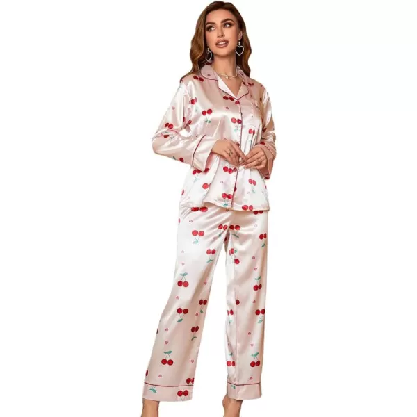 WDIRARA Women's 2 Piece Satin Sleepwear Cherry Print Long Sleeve Sleep Shirt and Pants Pajama Set