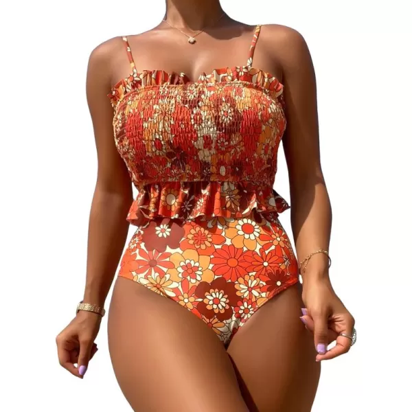 WDIRARA Women's 2 Piece Set Floral Print Tankini Swimwear Smocked Ruffle Hem Onepiece Swimsuit Bikini Set