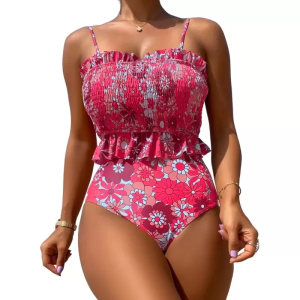 WDIRARA Women's 2 Piece Set Floral Print Tankini Swimwear Smocked Ruffle Hem Onepiece Swimsuit Bikini Set