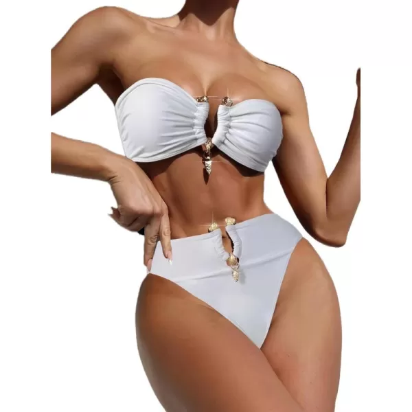 WDIRARA Women's 2 Piece Sexy Metal Ring Bandeau Bikini Set High Waist Notch V Neck Swimsuit Y2K Bathing Suit