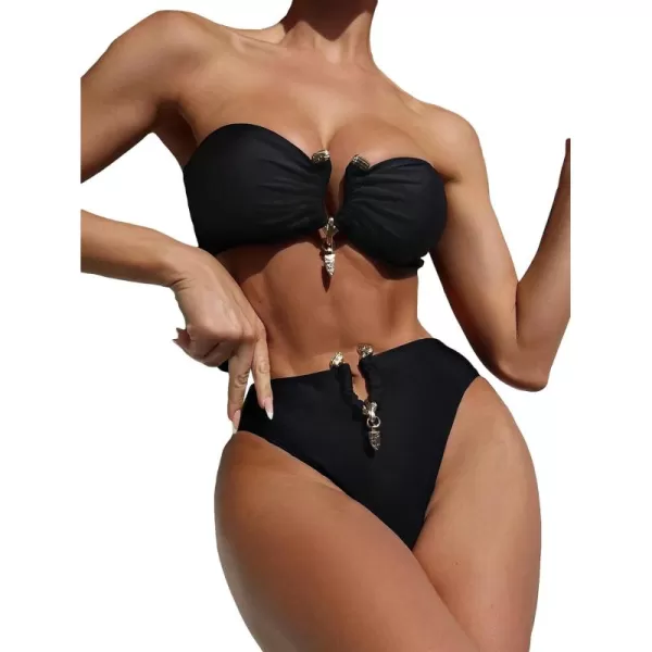 WDIRARA Women's 2 Piece Sexy Metal Ring Bandeau Bikini Set High Waist Notch V Neck Swimsuit Y2K Bathing Suit
