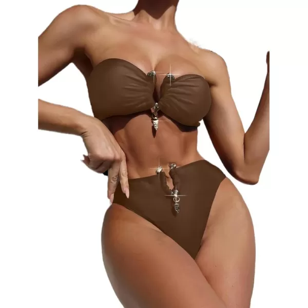 WDIRARA Women's 2 Piece Sexy Metal Ring Bandeau Bikini Set High Waist Notch V Neck Swimsuit Y2K Bathing Suit