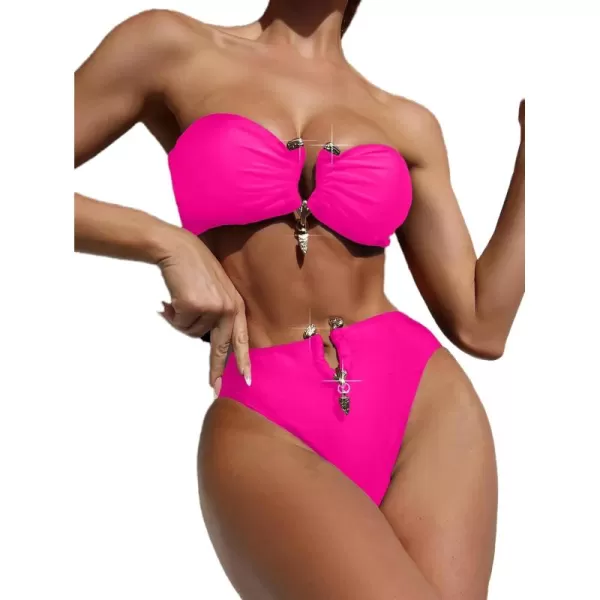 WDIRARA Women's 2 Piece Sexy Metal Ring Bandeau Bikini Set High Waist Notch V Neck Swimsuit Y2K Bathing Suit