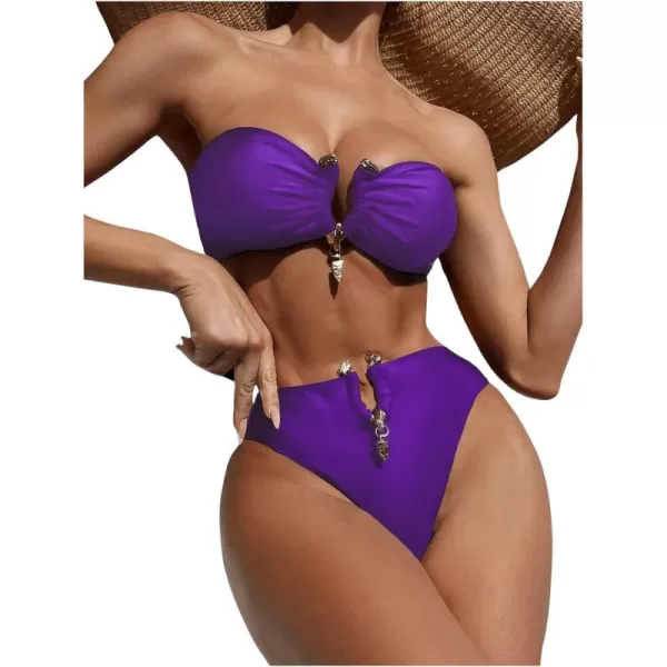 WDIRARA Women's 2 Piece Sexy Metal Ring Bandeau Bikini Set High Waist Notch V Neck Swimsuit Y2K Bathing Suit