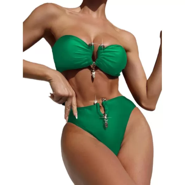 WDIRARA Women's 2 Piece Sexy Metal Ring Bandeau Bikini Set High Waist Notch V Neck Swimsuit Y2K Bathing Suit