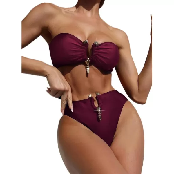 WDIRARA Women's 2 Piece Sexy Metal Ring Bandeau Bikini Set High Waist Notch V Neck Swimsuit Y2K Bathing Suit