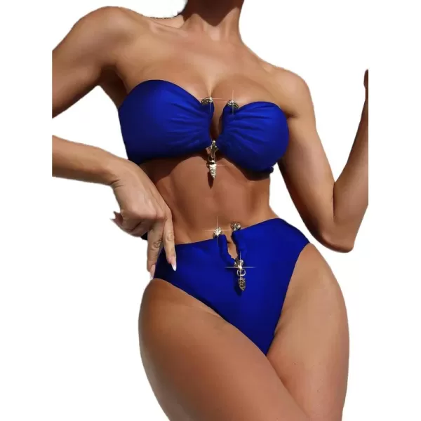WDIRARA Women's 2 Piece Sexy Metal Ring Bandeau Bikini Set High Waist Notch V Neck Swimsuit Y2K Bathing Suit