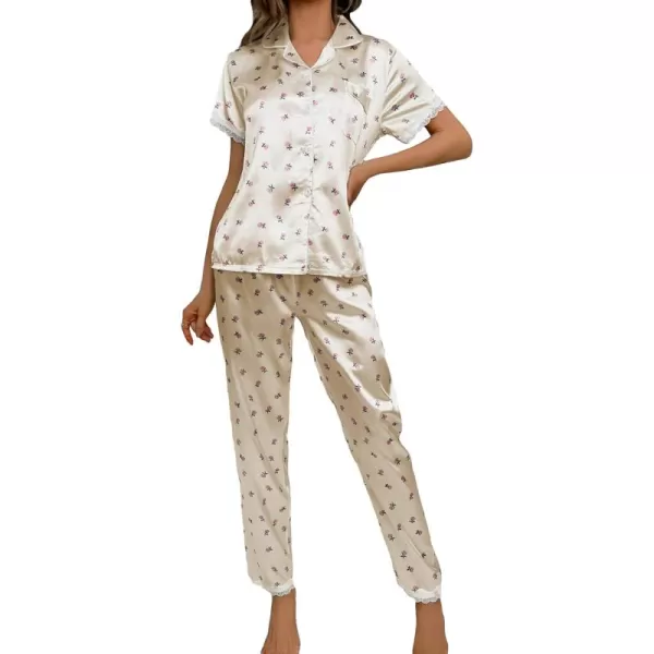 WDIRARA Women's 2 Piece Sleepwear Striped Satin Short Sleeve Shirt and Pants Pajama Set