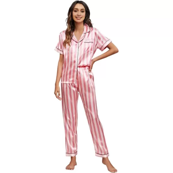 WDIRARA Women's 2 Piece Sleepwear Striped Satin Short Sleeve Shirt and Pants Pajama Set