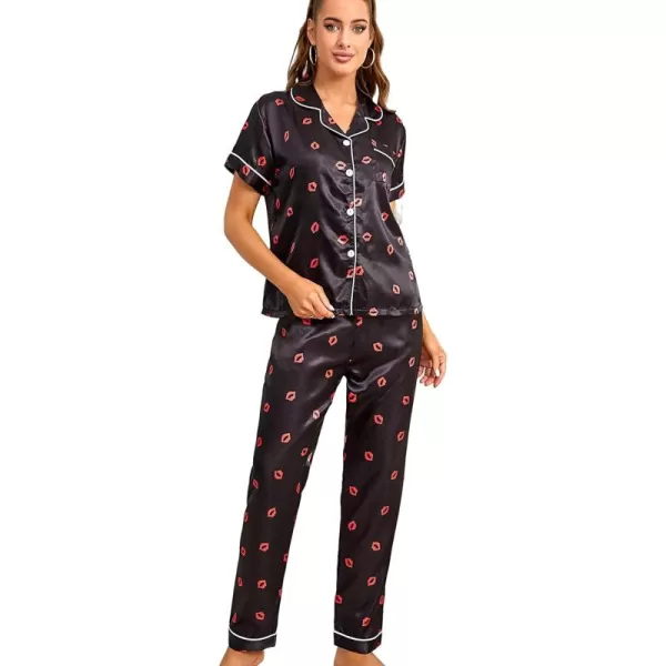 WDIRARA Women's 2 Piece Sleepwear Striped Satin Short Sleeve Shirt and Pants Pajama Set