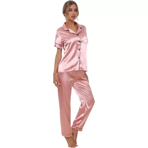 WDIRARA Women's 2 Piece Sleepwear Striped Satin Short Sleeve Shirt and Pants Pajama Set