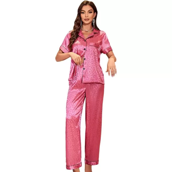WDIRARA Women's 2 Piece Sleepwear Striped Satin Short Sleeve Shirt and Pants Pajama Set