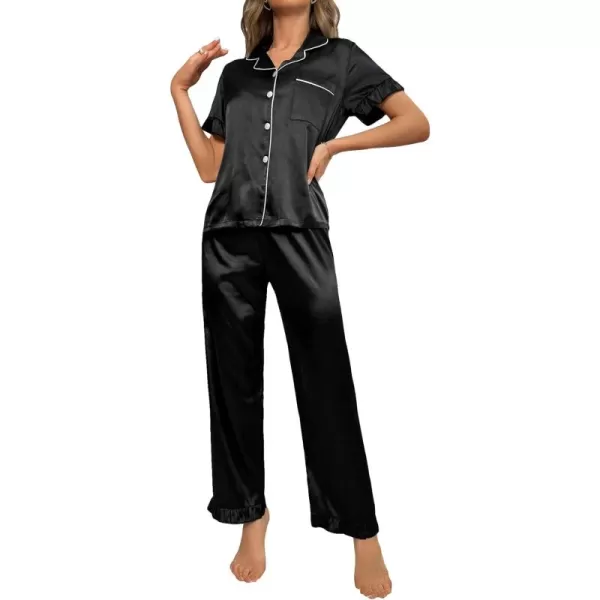WDIRARA Women's 2 Piece Sleepwear Striped Satin Short Sleeve Shirt and Pants Pajama Set