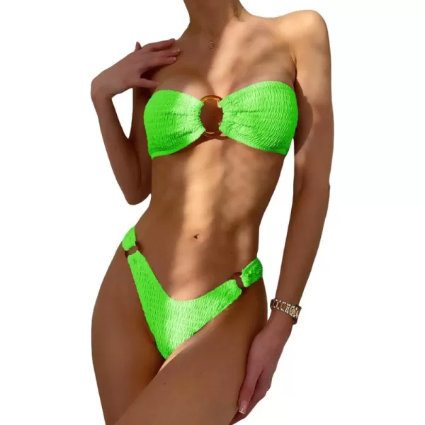 WDIRARA Women's 2 Piece Strapless Smocked Ring Bandeau Bikini Set Swimsuit Bathing Suits