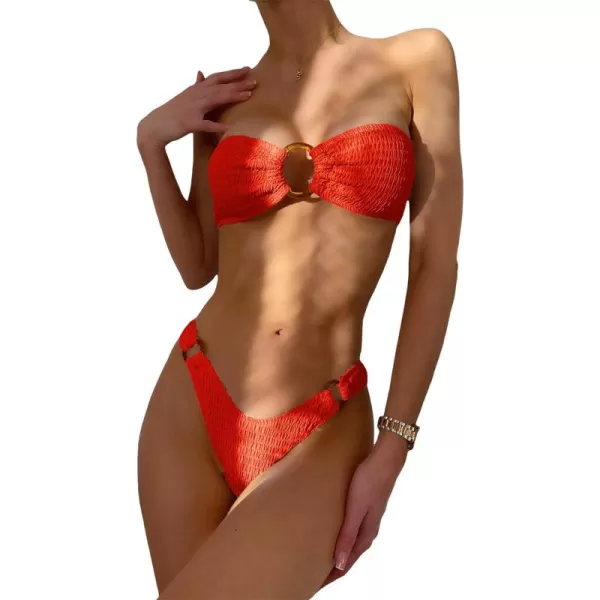 WDIRARA Women's 2 Piece Strapless Smocked Ring Bandeau Bikini Set Swimsuit Bathing Suits