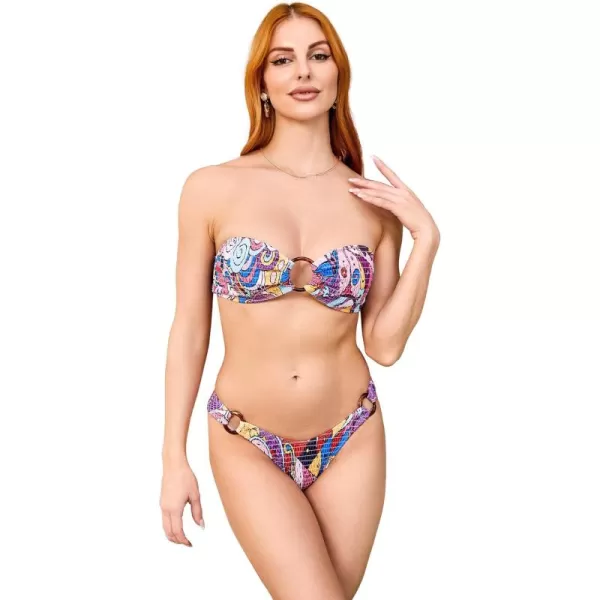 WDIRARA Women's 2 Piece Strapless Smocked Ring Bandeau Bikini Set Swimsuit Bathing Suits