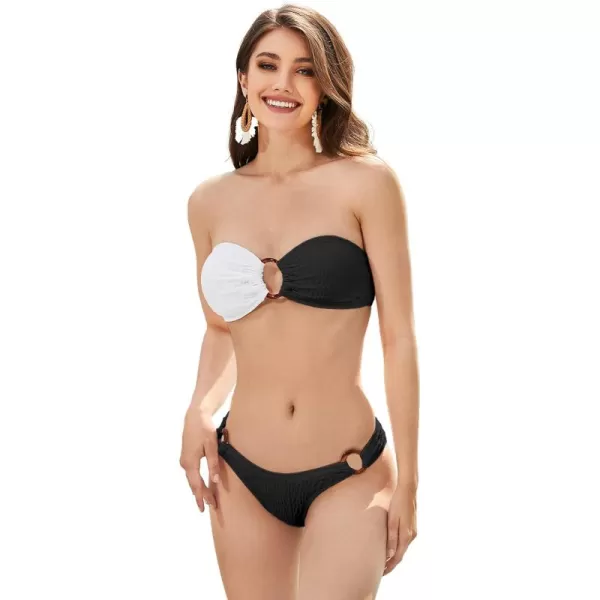 WDIRARA Women's 2 Piece Strapless Smocked Ring Bandeau Bikini Set Swimsuit Bathing Suits