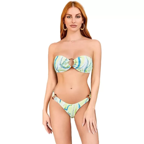 WDIRARA Women's 2 Piece Strapless Smocked Ring Bandeau Bikini Set Swimsuit Bathing Suits