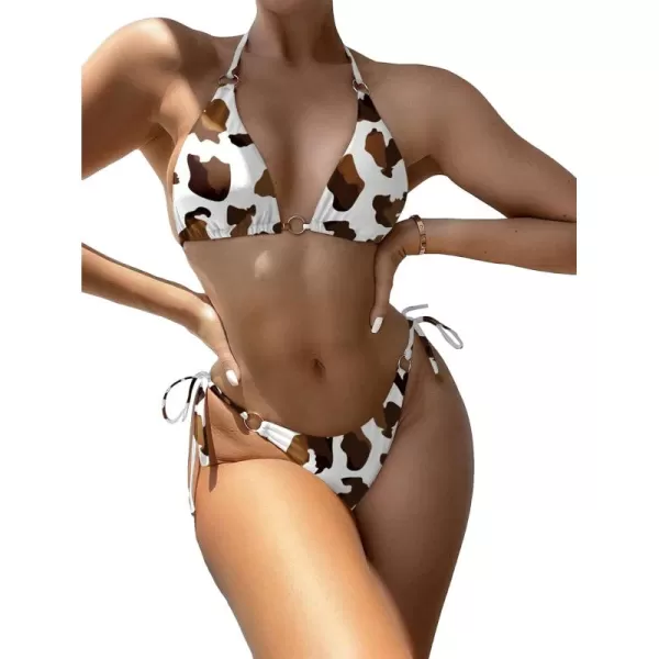 WDIRARA Women's 2 Piece Swimsuit Set Cow Print Halter Triangle Swimwear Bikini Set