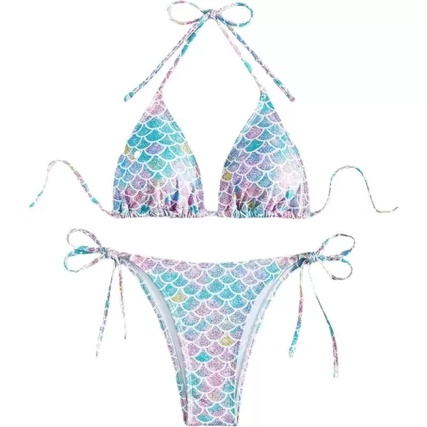 WDIRARA Women's 2 Piece Swimsuits Halter String Triangle Bikini Set Fish Scale Print Beach Bathing Suit