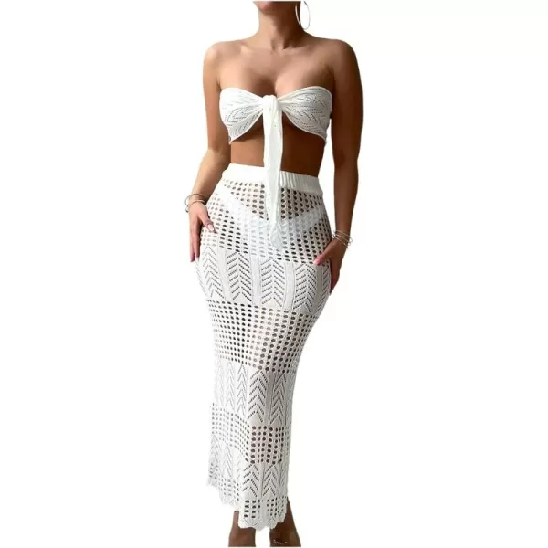 WDIRARA Women's 2 Piece Swimwear Strapless Tie Front Hollow Out Knit Cover Up Set