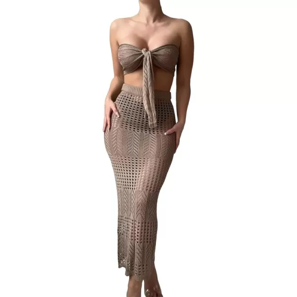 WDIRARA Women's 2 Piece Swimwear Strapless Tie Front Hollow Out Knit Cover Up Set