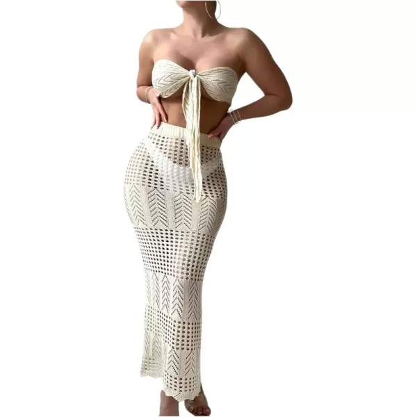 WDIRARA Women's 2 Piece Swimwear Strapless Tie Front Hollow Out Knit Cover Up Set