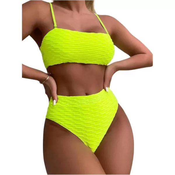 WDIRARA Women's 2 Piece Textured Bikini Set High Waist Wireless Bra Bathing Suits Swimsuit
