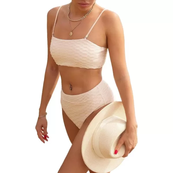 WDIRARA Women's 2 Piece Textured Bikini Set High Waist Wireless Bra Bathing Suits Swimsuit