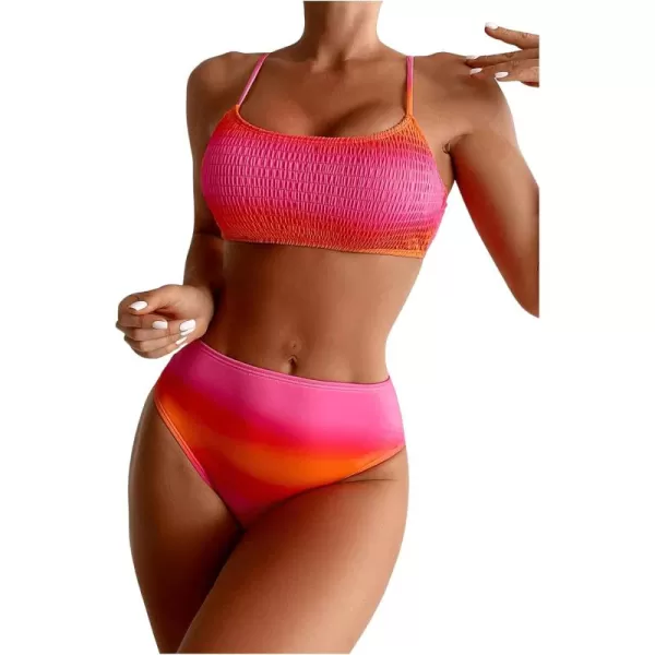 WDIRARA Women's 2 Piece Textured Bikini Set High Waist Wireless Bra Bathing Suits Swimsuit