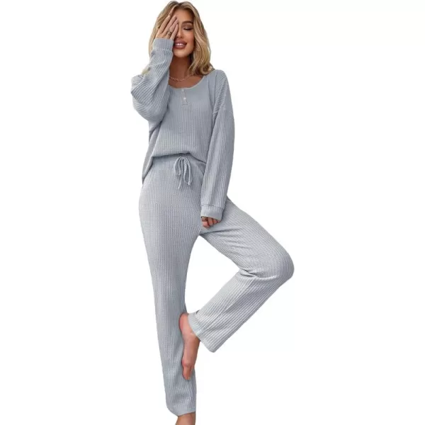 WDIRARA Women's 2 Piece Waffle Knit Button Down Long Sleeve Top and Pants Pj Lounge Set